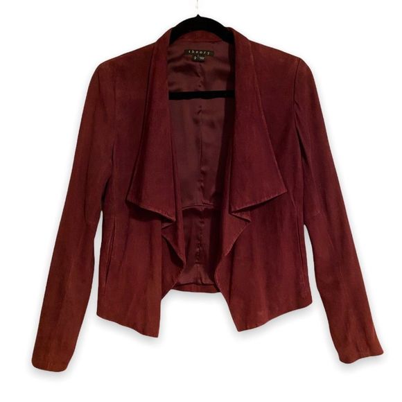 Theory Jackets & Blazers - THEORY Burgundy Drape Front Suede Jacket, Size S/P